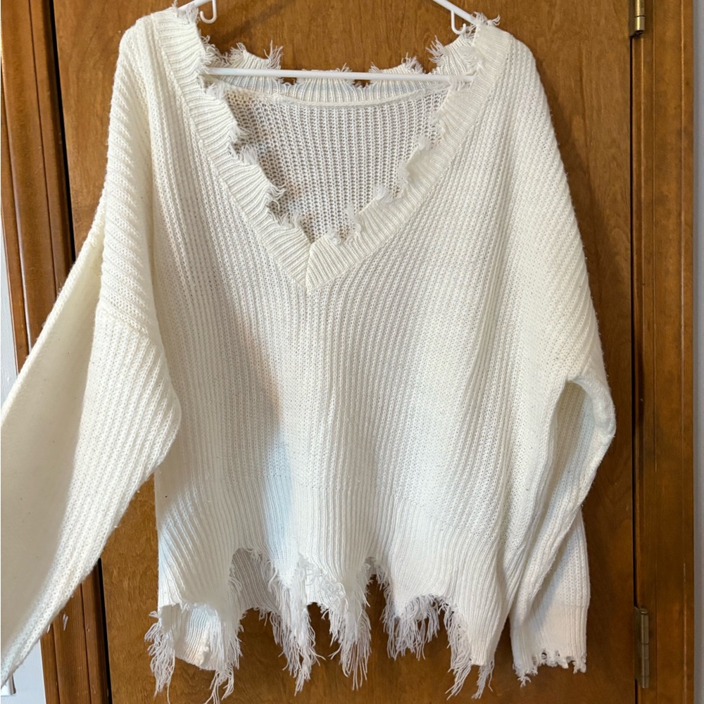 SHEIN White V-Neck Sweater with Distressed Edges